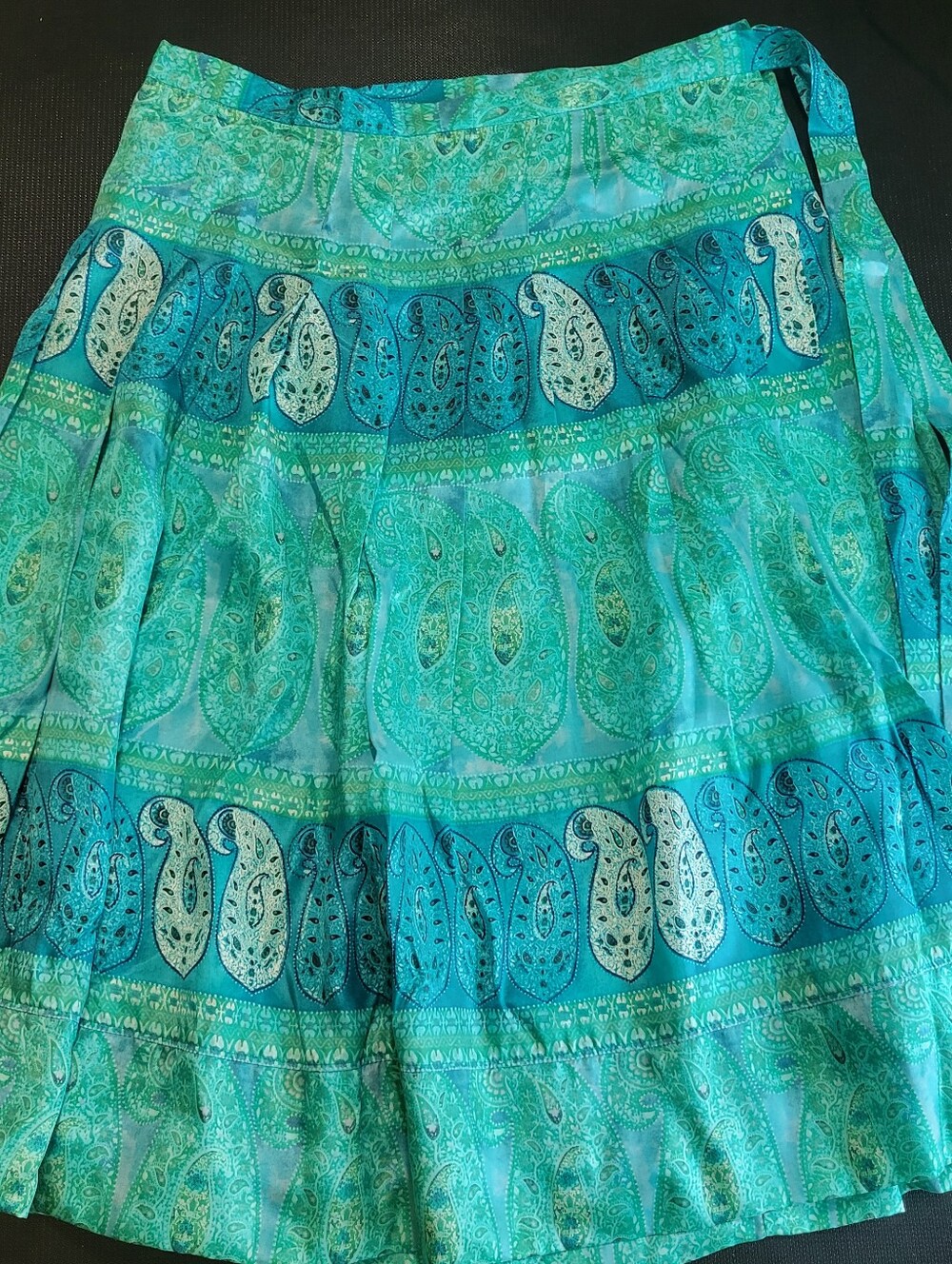 VTG Banana Republix Silk Blend Turquoise Paisley Pleated Wrap Skirt 4